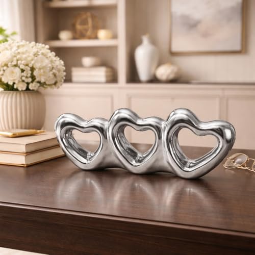 Image of Xtore Triple Heart Metallic Ceramic Sculpture for Home Decor, Modern Romantic Tabletop Accent