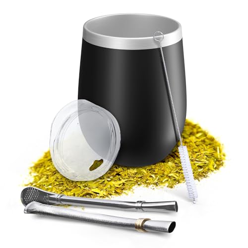Aquafloow Taza de Doble Pared Yerba Mate 350 ml + 2 Pajitas de Acero Maté Bombilla, Set de Argentino Maté Yerba | Tapa Libre de BPA, Juego de Té de Acero Inoxidable para Yerba – Negro