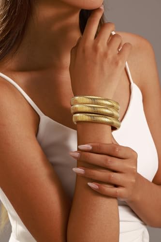 Gold Bangles for Women Set of 3 Chunky Stretch Bangles Bracelets 24K Gold Plated Stainless Steel Bracelets Flexible Wide Stack Bracelets Designer Look Alike Jewelry for Women4