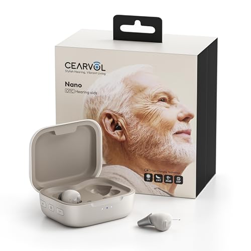 Cearvol Nano OTC Hearing Aids Mild to Moderate Hearing Loss - Easy Use for Seniors All-in-One Case AFC 2.0 Feedback Cancellation 54-Hour Battery Discreet ITC Design (Starlight)