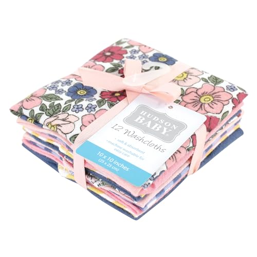Image of Hudson Baby Unisex Baby Flannel Cotton Poly Washcloths, Pink Blue Pretty Floral 12 Pack, One Size