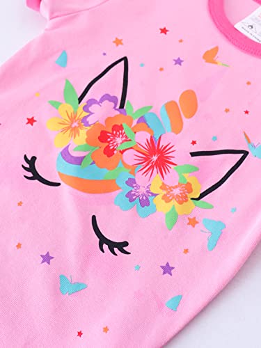 Vopawetty Girls 4-Piece Summer Pajamas Cotton Short Pjs Set Kids Sleepwear (Pink Unicorn/Black Dots, 10) #TOP1