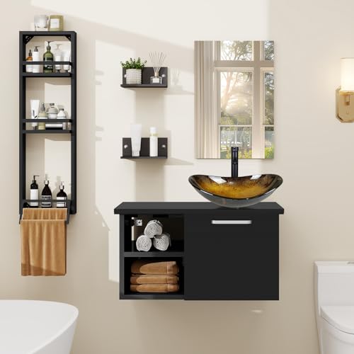 YU YUSING Set di Mobili da Bagno con Lavabo, Specchio, Portasciugamani, Arredo Bagno Completo, Mobile Lavandino Bagni da 71cm, Mensola Doccia 3 Ripiani, 2 Ripiani Muro, Set Rubinetti, Oro Moderno