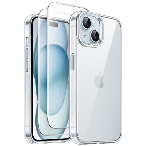 JETech 3 in 1 Hülle für iPhone 15 6 1 Zoll mit 2 Stück Gehärtetes Glas Schutzfolie Anti-Vergilbung Stoßfest Stoßfänger Handyhülle (Durchsichtig)
