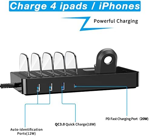 KKM Charging Station for Multiple Devices, 40W Fast 7 in 1 Charging Dock Multi USB Charger Station Compatible with iPhone/iPad/Cell Phone/Tablets/AirPods/Apple Pencil (3 Short Cables Included)