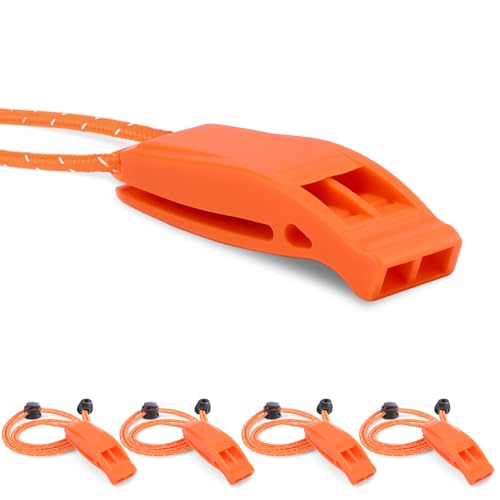 4 Pack Emergency Whistles, Loud Shrill Safety Whistle with Reflective Lanyard for Outdoor Climbing Hiking Camping Fishing Boat Kayak Life Vest Jacket Boating Water Survival Rescue Signaling (Orange)