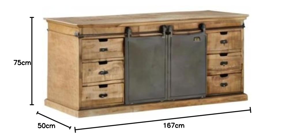 JAE Furniture Industrial Style Sideboard | Metal Style Sliding Sideboard | Designer Cabinet and Sideboard | Counter Table | Mango Wood, Rough Natural Finish