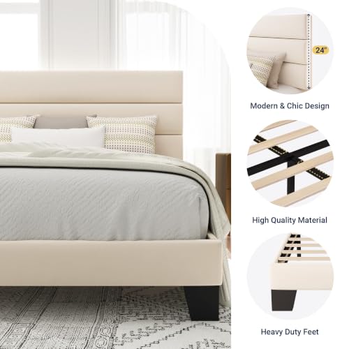 Image of Allewie Cal King Size Platform Bed Frame with Velvet Upholstered Headboard