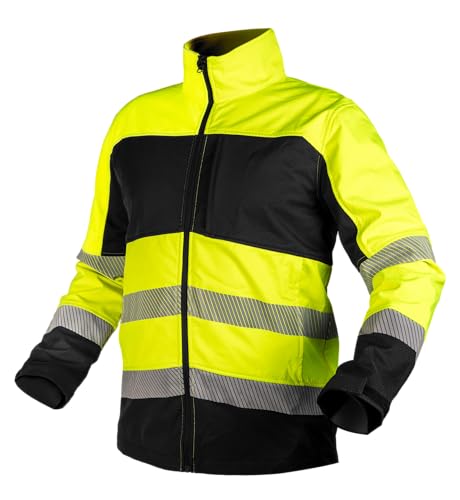 NEO TOOLS Warnschutz Softshell Jacke Klasse - Gelb/Schwarz, Reflektierende Streifen, Taschen mit Reißverschluss, Verstellbare Ärmel, Namensschild für Bau, Straße & Lager