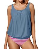 Yonique Blouson Tankini-Badeanzüge für Damen, lockere Passform, Blumendruck, bescheiden, Zweiteiliger Badeanzug, Grau-rosa Streifen, S