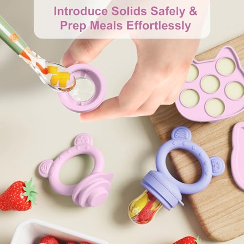 Image of Baby Breastmilk Popsicle Molds & Baby Fruit Feeder (4 Pack), Infant Food Freezer Tray Storage Containers, Silicone Teething Pacifier Feeder and Teether for Babies,Boys and Girls-Pink&Purple