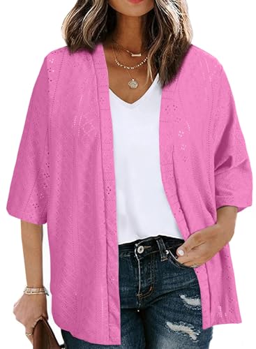 Image of Eytino Plus Size Cardigan for Women Half Sleeve Knitted Jacquard Summer Kimono Cover up Tops(1X-5X)