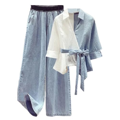 Women's Summer Chiffon Shirt Set Elegant Casual Blouse Elastic Waist Jeans Pant Two Piece Set