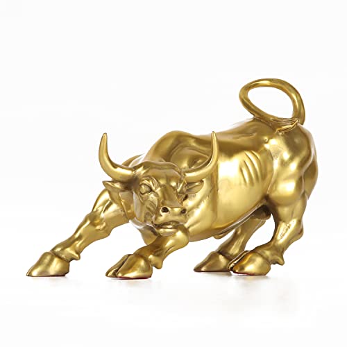 7.8" L Gold Brass Wall Street Bull Statue Sculpture Stock Market Charging Bull Art Office Decor Gift