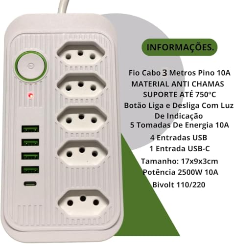 Extensão 5 Tomadas Régua de Energia Elétrica 4 Interfaces USB 1 Porta USB Tipo-C com Cabo de 2 Metro