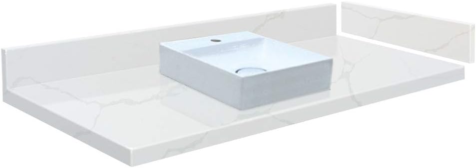 Transolid VT31x22-1SV-6F-A-W-1 Quartz Vanity Top with Single Hole and Square Vessel Sink, 31" L x 22.25" D, Calacatta