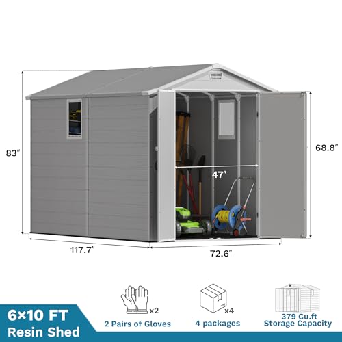 Image of Devoko 6x10 FT Plastic Storage Shed, Outdoor Resin Waterproof Garden Shed with Floor, Light Gray