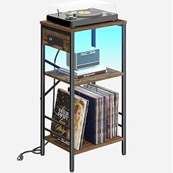 Record Player Stand with Charging Station, 3-Tier End Table with LED Light, Side Table Nightstand for Vinyl Storage,Tall Beside Tables Turntable Stand Living Room, Bedroom, Rustic Brown - Les Beatles, Paul McCartney, John Lennon, RIngo Starr, George Harrison