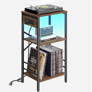Record Player Stand with Charging Station, 3-Tier End Table with LED Light, Side Table Nightstand for Vinyl Storage,Tall Beside Tables Turntable Stand Living Room, Bedroom, Rustic Brown - Les Beatles, Paul McCartney, John Lennon, RIngo Starr, George Harrison