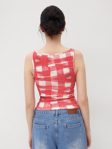 CIDER Tank Tops for Women Cat Graphic Gingham Ruched Sleeveless Crop Top Boat Neck Top Cute Tank3