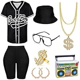 80s 90s Outfit for Women 6PCS Hip Hop Costume Baseball Jersey Shirt Yoga Pants Bucket Hat Chain Rapper Accessories