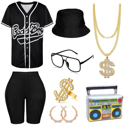 80s 90s Outfit for Women 6PCS Hip Hop Costume Baseball Jersey Shirt Yoga Pants Bucket Hat Chain Rapper Accessories