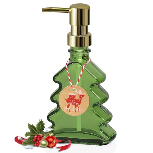 VIMERPA Christmas Soap Dispenser Bathroom Christmas Tree Hand Soap Dispenser Green Glass Dish Soap Dispensers for Kitchen Refillable Liquid Lotion Bottle with Gold Plastic Pump Christams Decor