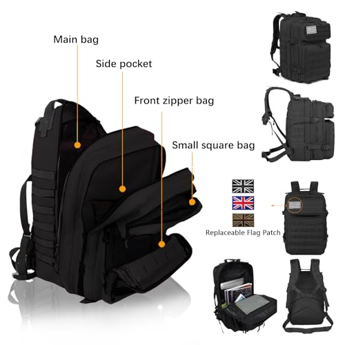 45L Military Tactical Backpacks Large Molle Army Assault Pack 3 Day Bug Out Bag Laptop Bag for Hiking Treeking Black Hunting Rucksack with 4 Flag Patches