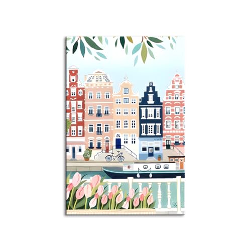 北欧プリントのキャンバスウォールアートセット 芸術的なキャンバスポスター、カラフルな水彩画の都市景観と花の絵画、アートワークの壁画、ギフト、寝室、オフィス、リビングルーム、壁の装飾、家や寮の装飾 木枠付きの完成品? (60x90cm(24x36in),A)