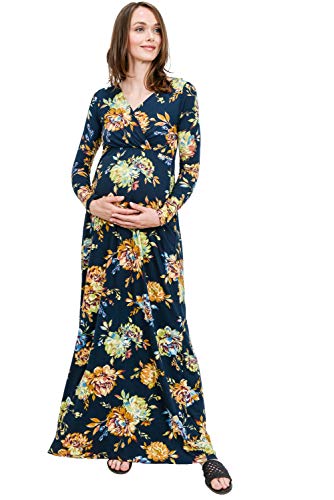 Women's Wrapped Ruched Maternity Dress with Pocket (Teal Flower Long