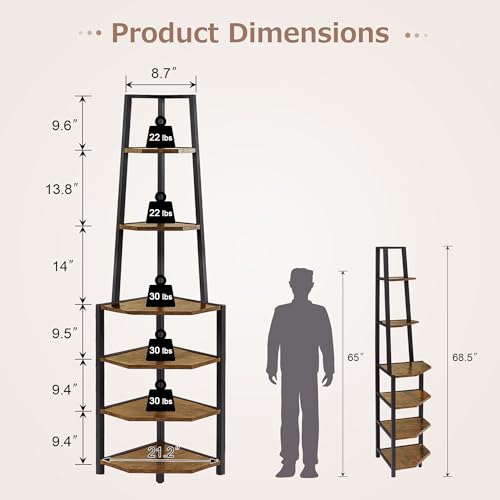 VECELO 6 Tier Corner Shelf 69 Inch Industrial Bookshelf with Metal Frame, Multipurpose Tall Plant Stand with Opening Display Shelves for Living Room, Bedroom, Home Office, Small Space, Brown - Image 3