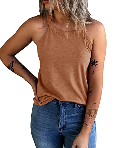 Image of KINLONSAIR Women's Summer Sleeveless Halter Tee Shirts Crew Neck Workout Tank Tops Casual Plain Cami Shirts