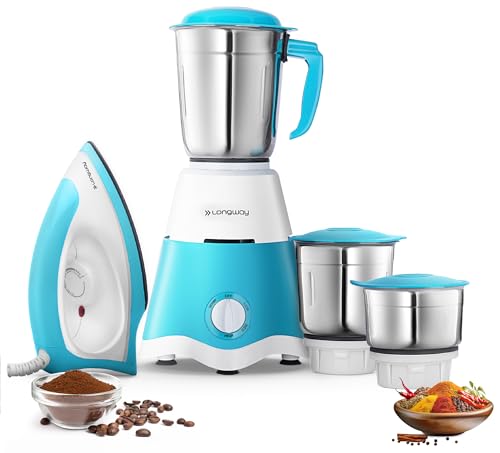 Image of Longway Mixer Grinder with Kwid 1100W Dry Iron | 500 Watt Powerful Motor | 3 Jars for Grinding, Mixing, Juicing | 2 Year Warranty (White & Blue)