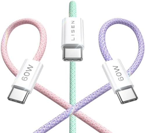 LISEN USB C Cable, 3-Pack [3.3/3.3/3.3FT] USBC to USBC Cable for iPhone 16e 15 Pro Max Charger Cord, 60W (3.1A) C to C Cable Fast Charging for Samsung S25/S24/23, Switch 2, iPad, MacBook