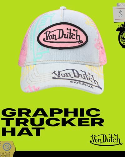 Image of Von Dutch Monogram Trucker Cap - Retro Snapback Cap for Men and Women - Adjustable Snap Fit Panel, Mesh Rear, Curved Bill