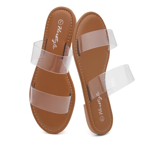 Image of Herstyle Flat Sandals for Women, Double Strap Slide Sandals, Open Toe Slip On, Comfortable Cushioned Footbed Casual Summer Shoes for Daily Wear, Beach, Vacation, Clear Options