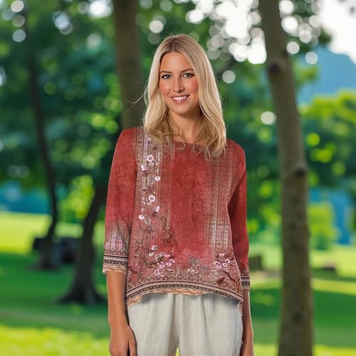 Fall T Shirts Women Loose Fit Linen 3/4 Sleeve Boat Neck Tops Dressy Casual Blouses Floral Print Elbow Sleeve Tops 5