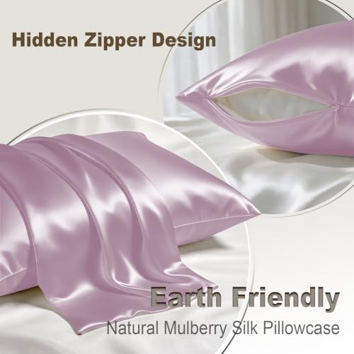 Image of LYSHIN Silk Pillow Cases 2 Pack Queen Size with Zipper, Lavender | 19 Momme Mulberry Silk Pillowcase for Skin and Hair, Anti-Acne, Hypoallergenic, Cooling, Beauty Sleep, Gifts for Women