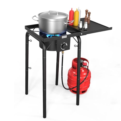 Comparison: Best Single Gas Burner 8 ROVSUN Single Burner Gas Stove with Side Shelf, 100,000BTU Portable Propane Stove with Removable Leg & Regulator for Camping Home Backyard Outdoor Cooking Brewing Canning Turkey Frying