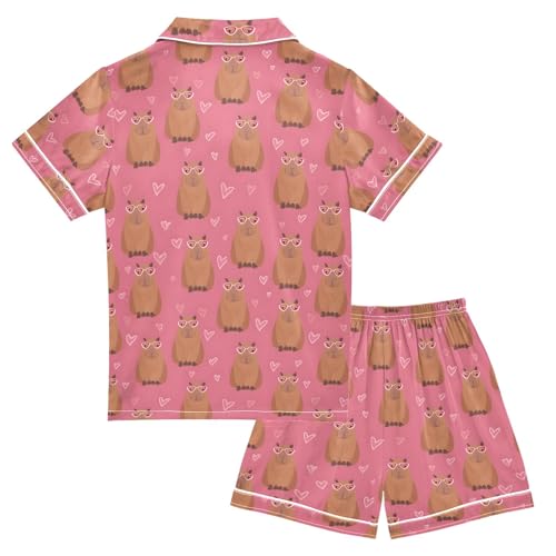 Capybara Cute Pattern Summer Satin Pajama Set, Cute Button-Down Sleepwear Pj Set for Sleep Wears2