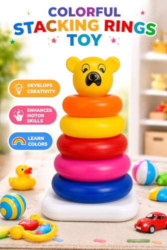 Image of Pyramid Ring Stacking Toy for Babies with Bear Topper | Colorful Rainbow Rings | Educational Learning Toy for Kids 1-3 Years | Includes 1 Stacking Base, Rings, 1 Bear Topper (Multicolor, 5 Ring)