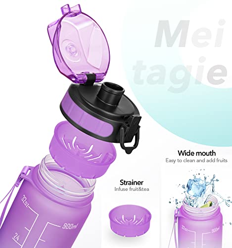 Image of 32oz Motivational Water Bottle with Time Marker & Fruit Strainer, Leak-proof BPA Free Non-Toxic 1l Bottle with Carrying Strap, Perfect for Fitness