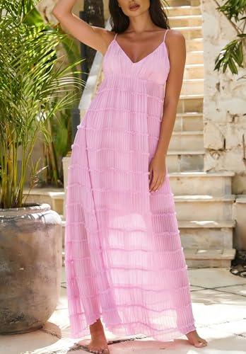 Image of Yiulangde Women's Backless Smocked Maxi Dress Sexy Spaghetti Strap Cut Out Flowy Beach Long Dress Vacation Casual Sundresses
