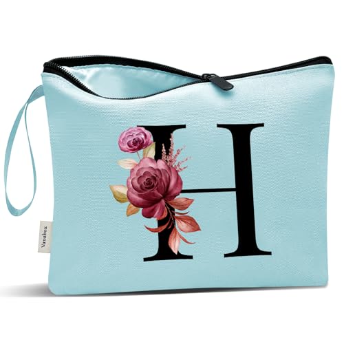 Image of Vavabox A-Z Personalized Makeup Bag, Birthday Gifts for Women Mom, Gifts for Best Friend, Bride Bridesmaid Cosmetic bag (H, Aqua)