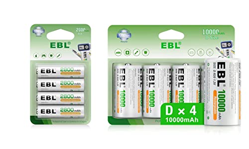 Ebl Aa And D Battery Pack, Nimh Rechargeable Batteries 4 Pack Aa Battery 2800Mah And 4 Pack Of D Size Battery 10000Mah #TOP10