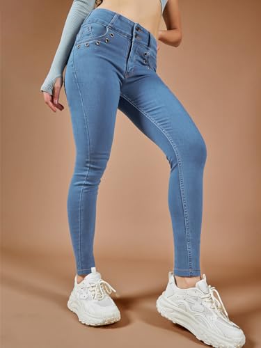 Image of Miss Chase Women's Skinny High Rise Cropped Fringed Hemline Detailing Stretchable Denim Jeans