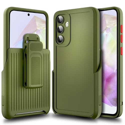 WDHD Designed for Samsung Galaxy A35-5G Phone Case with Built-in Tempered Glass (Camera Lens Protector), Belt Clip Holster Kickstand, Heavy Duty Protective Shockproof Armor Defender Cover (Green)