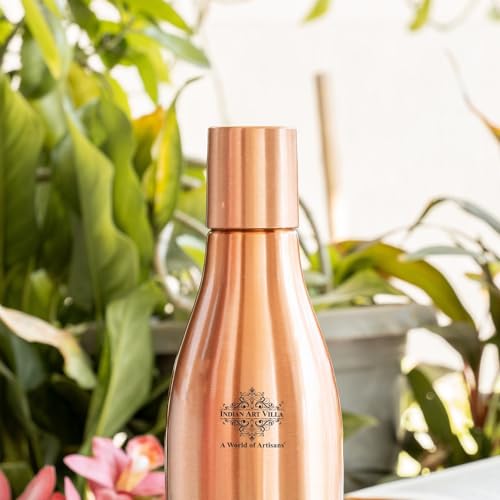 Image of INDIAN ART VILLA Pure Copper Water Bottle, Half Embossed Lacquer Coated Bottle for Drinking Water, Ayurvedic Health Benefits, Leak Proof Bottle for Home, Office, Travel & Gifting, 1150 ML