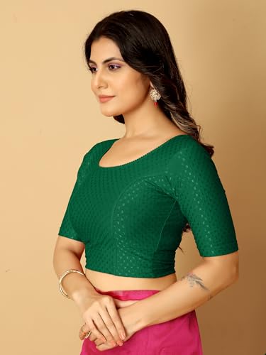 Image of Amazon Brand - Anarva Round Neck Dobby Cotton Lycra Stretchable Elbow Half Sleeve Readymade Saree Blouse for Women Stylish