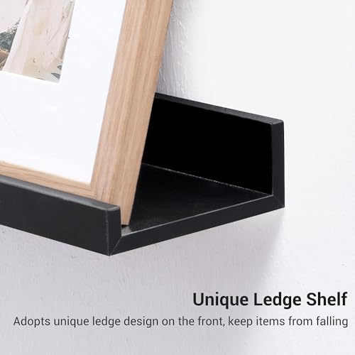Image of Wooden Floating Wall Shelves Set of 3 for Living Room & Bedroom | Modern Wall Mounted Display Rack for Decor, Photo Frames, Plants & Storage (Black, 23 Inch)